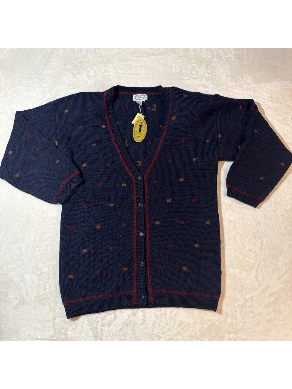 VTG The Villager Sweater Medium Navy Wool Mohair Cardigan Polka Dot 90s